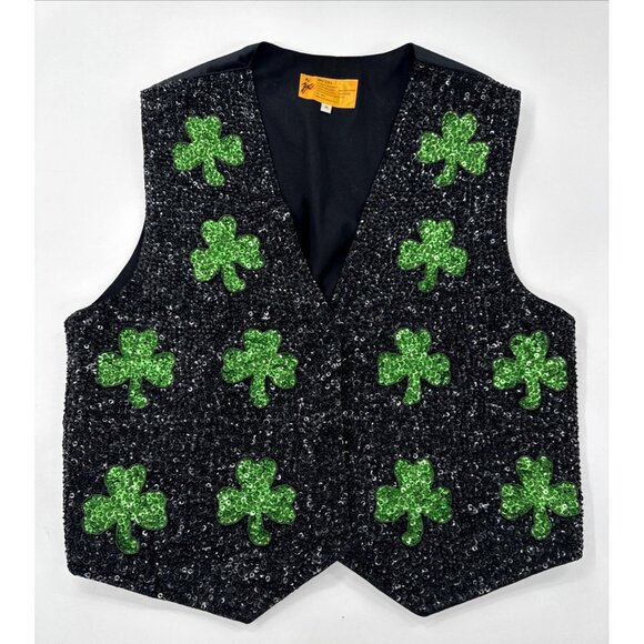 Vintage Jc Shamrock St Patricks Day Sequin Vest XL Clover Green Black Formal - Picture 1 of 11